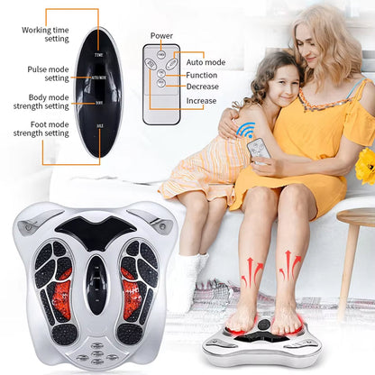 A foot and lower leg VeloFlowi Foot Massager shown in a lifestyle scene with two women sitting on it, plus inset diagrams explaining settings such as working time, pulse mode, body strength setting, and power modes.