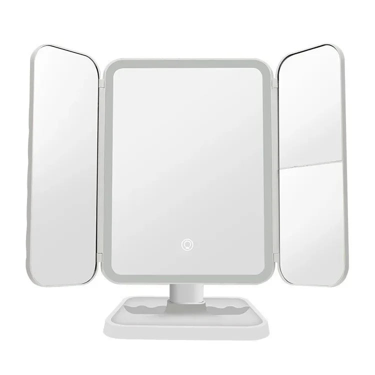 Three-panel VeloGleam Lighted Makeup Mirror with lights on a white background