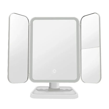 Three-panel VeloGleam Lighted Makeup Mirror with lights on a white background