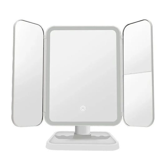 Three-panel VeloGleam Lighted Makeup Mirror with lights on a white background