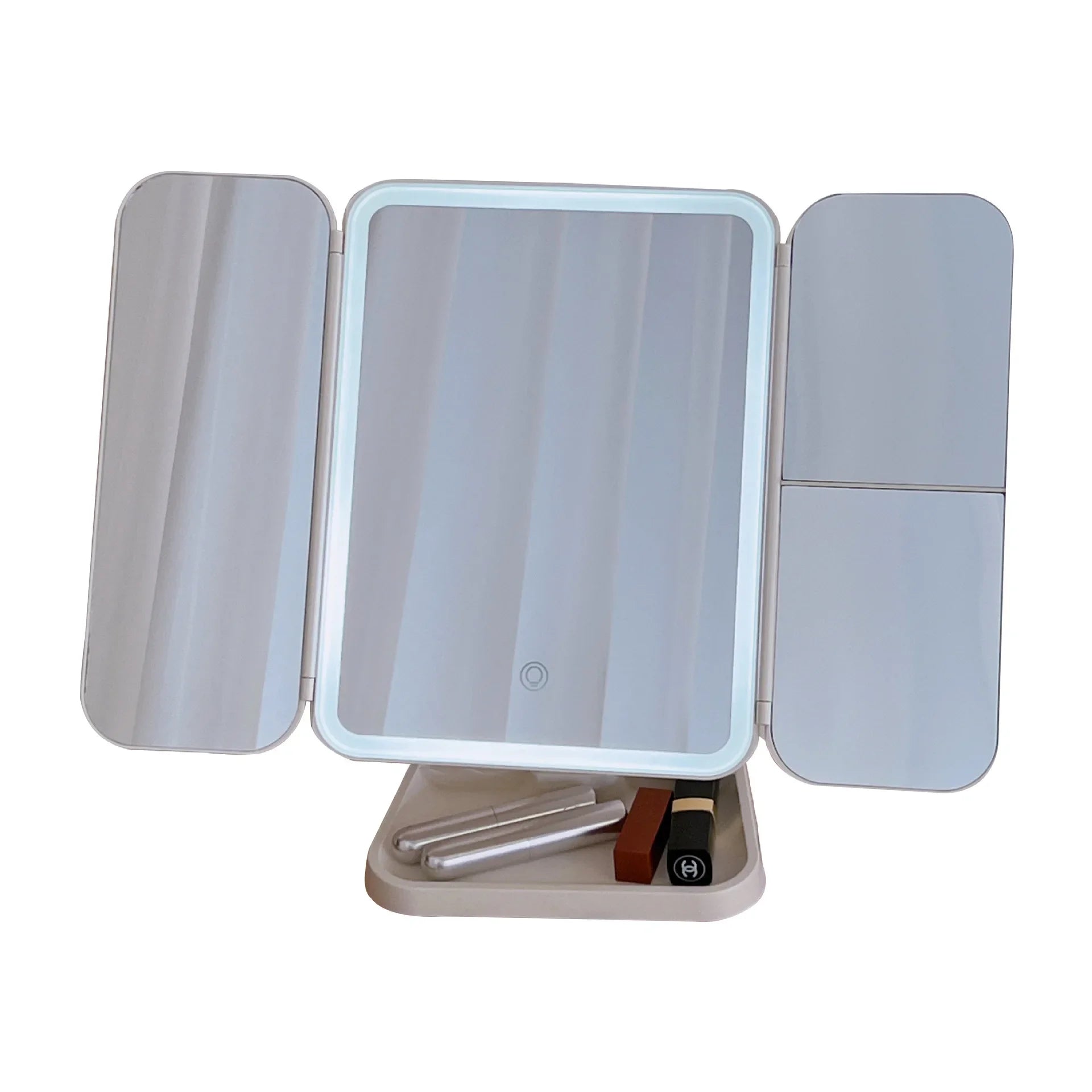 Foldable VeloGleam Lighted Makeup Mirror with lights on a white background