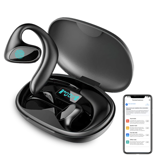 Black Venloria AI Translation Earbudswith charging case and smartphone app interface on a white background