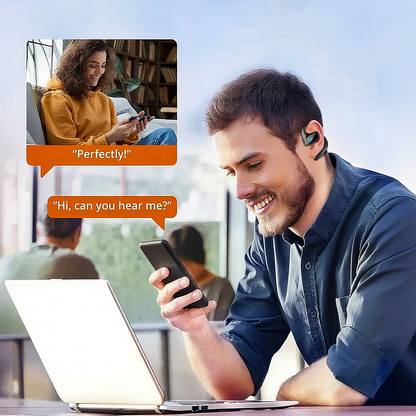 Man using a smartphone with a Venloria AI Translation Earbuds, smiling, with a woman on a video call inset.