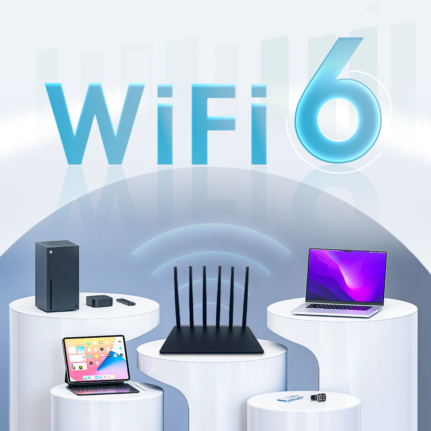 WiFi 6 technology with network devices on a white background