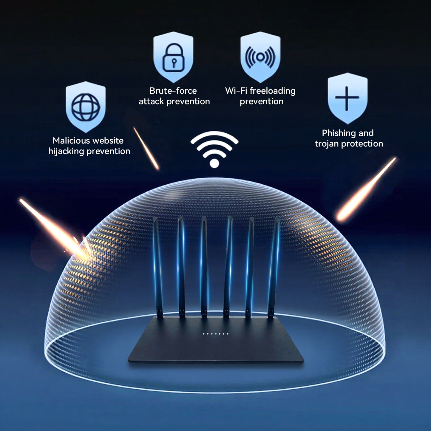 Venloria WiFi Router with security features on a dark background