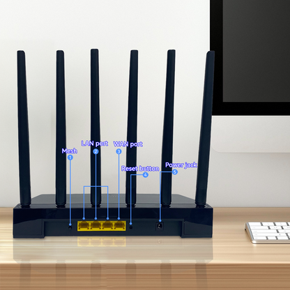 Venloria WiFi Route with labeled ports on a desk with a computer monitor in the background