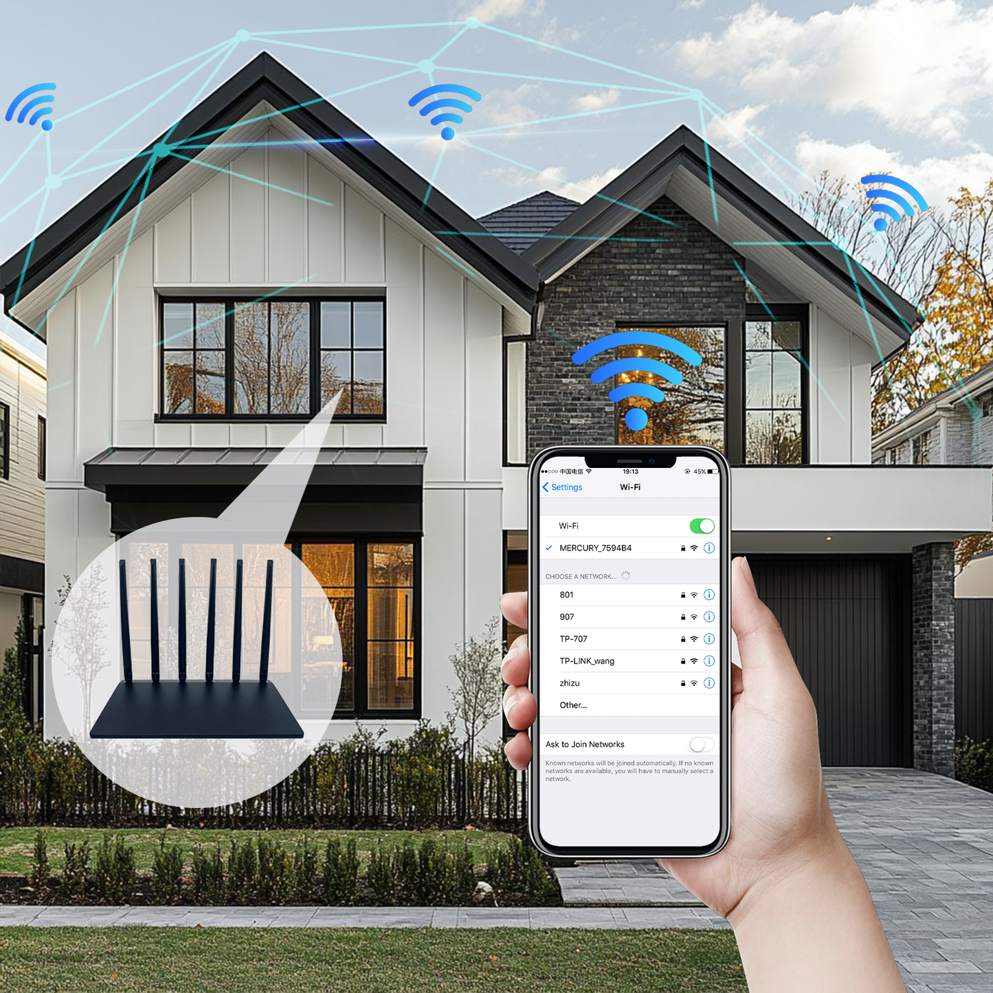 Venloria WiFi Route control with smartphone app displayed, house in the background