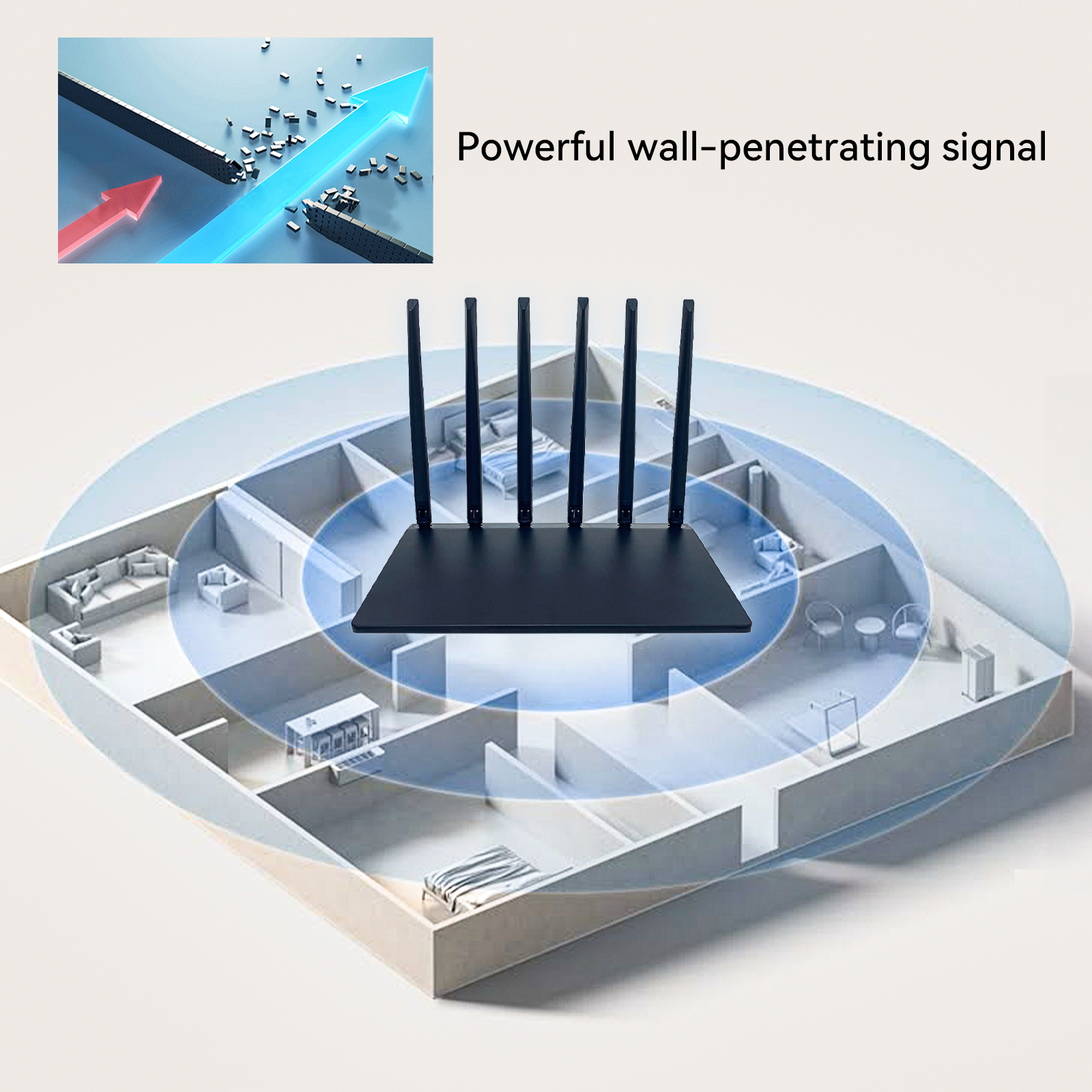 Diagram of a Venloria WiFi Route with antennas and text 'Powerful wall-penetrating signal' on a light gray background.