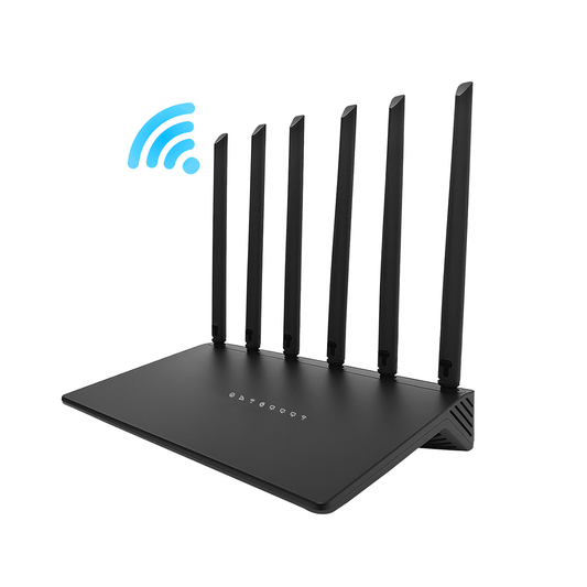 Black Venloria WiFi 6 Router with multiple antennas on a white background