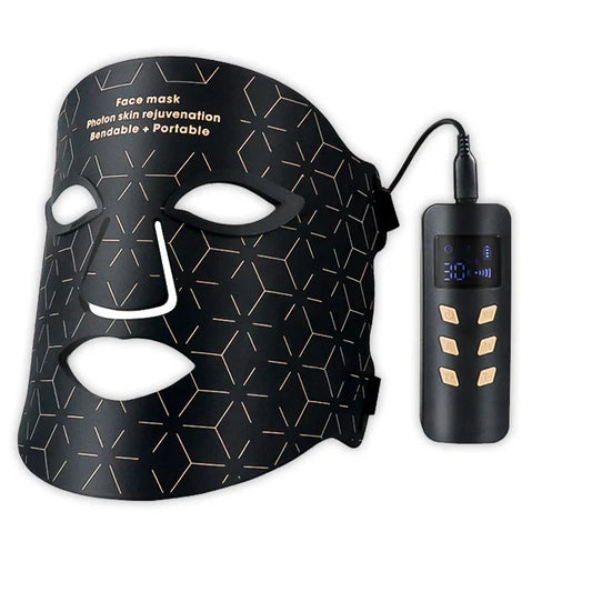 Black Veonskin LED Face Mask Pro with geometric pattern and portable device on a white background