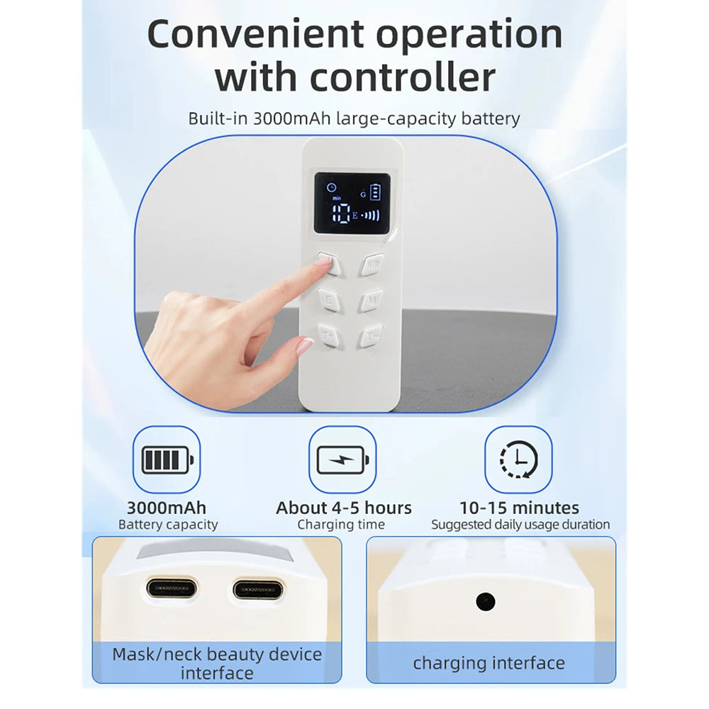 Veonskin LED Face Mask Pro packaging with text about convenient operation, battery capacity, charging time, and usage duration.