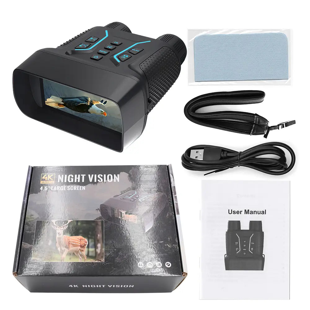 4K Vikason W9 Night Vision Binoculars with packaging, cable, strap, and user manual on a white background