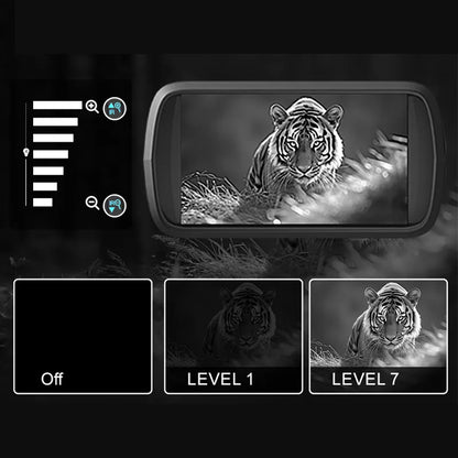 Display of a tiger image with adjustable brightness levels on a dark background