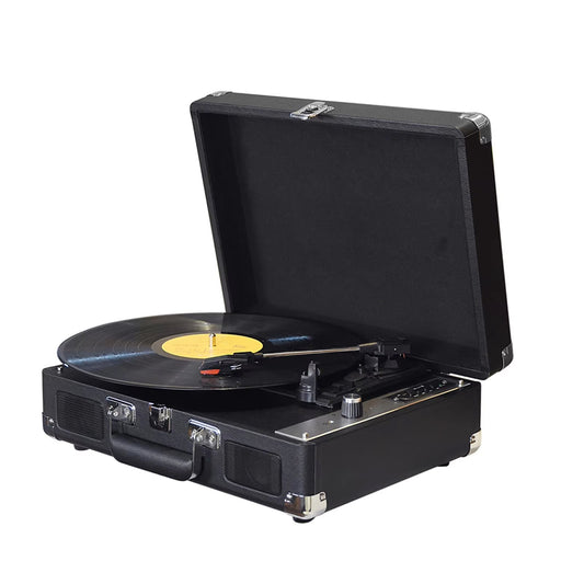 Black portable Vinixora Record Player with a yellow label on a white background