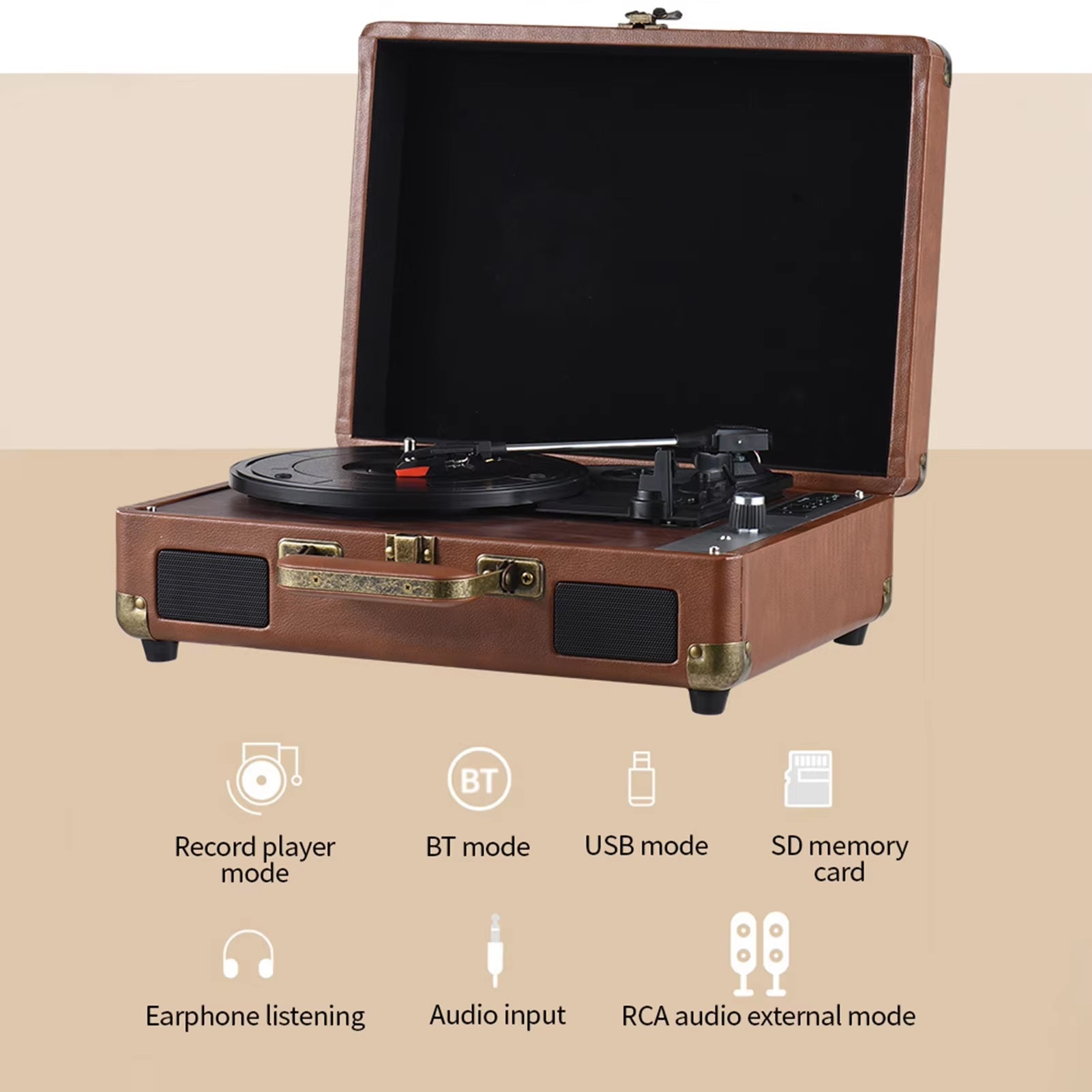 Brown Vinixora Record Player with features listed on a beige background