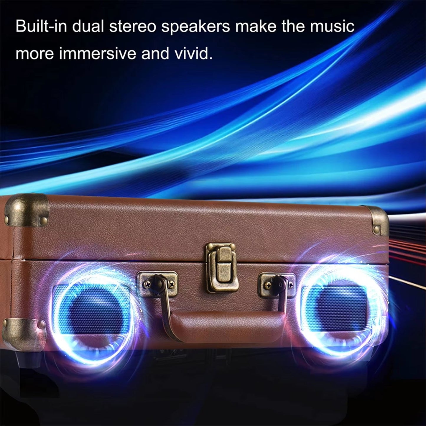 Vintage-style Vinixora Record Player with glowing speakers on a dynamic blue and black background