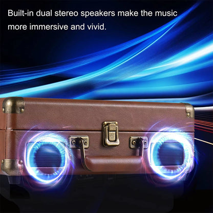 Vintage-style Vinixora Record Player with glowing speakers on a dynamic blue and black background