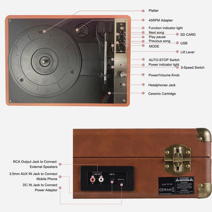 Vintage-style Vinixora Record Player with labeled parts and specifications on a white background
