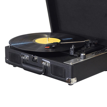 Black portable Vinixora Record Player with open lid on a white background
