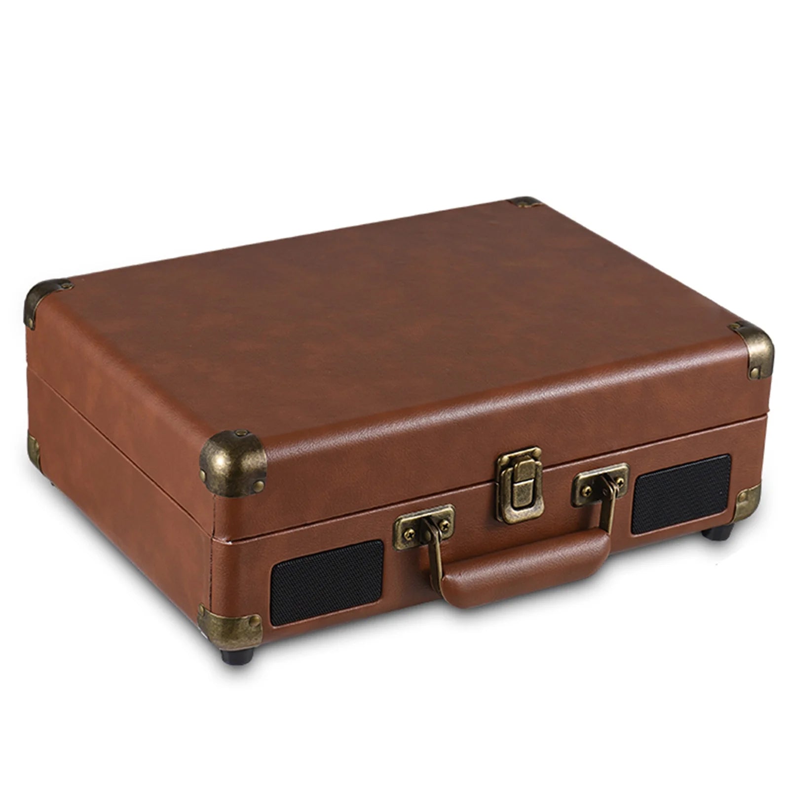 Brown leather Vinixora Record Player suitcase with gold accents on a white background