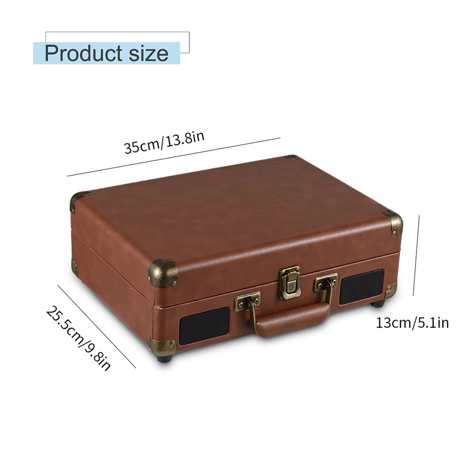 Brown leather suitcase Vinixora Record Player with dimensions labeled on a white background