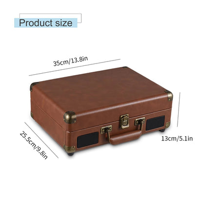 Brown leather suitcase Vinixora Record Player with dimensions labeled on a white background