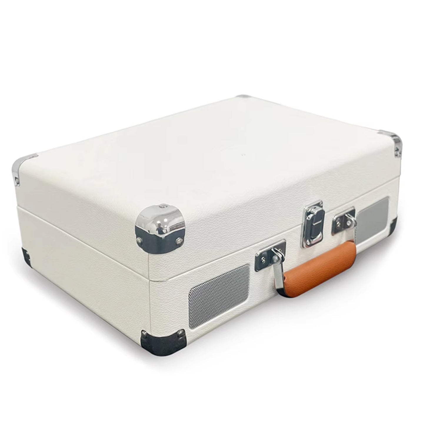 White suitcase Vinixora Record Player with metallic accents on a white background