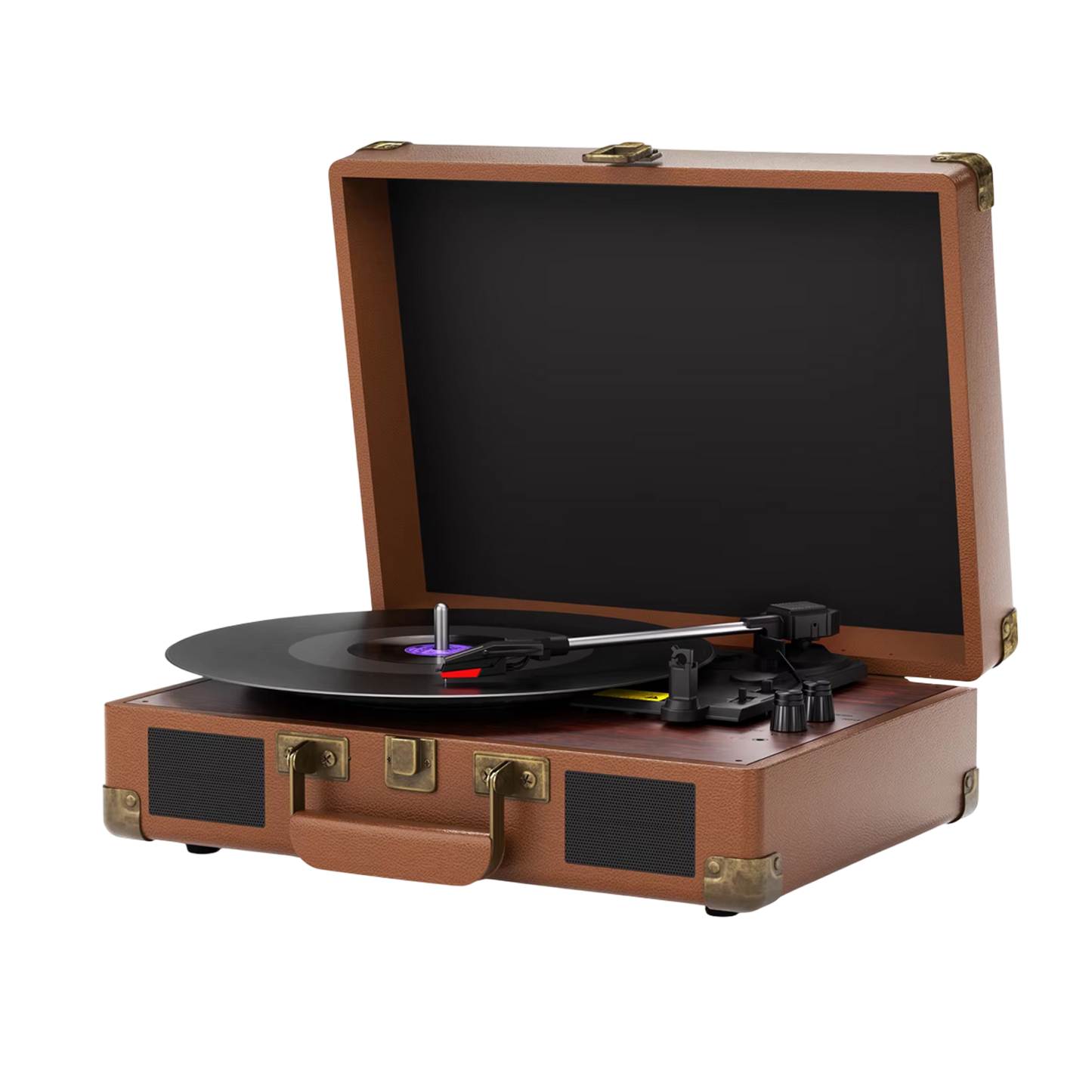 Brown suitcase-style VinyyLux Record Player on a white background