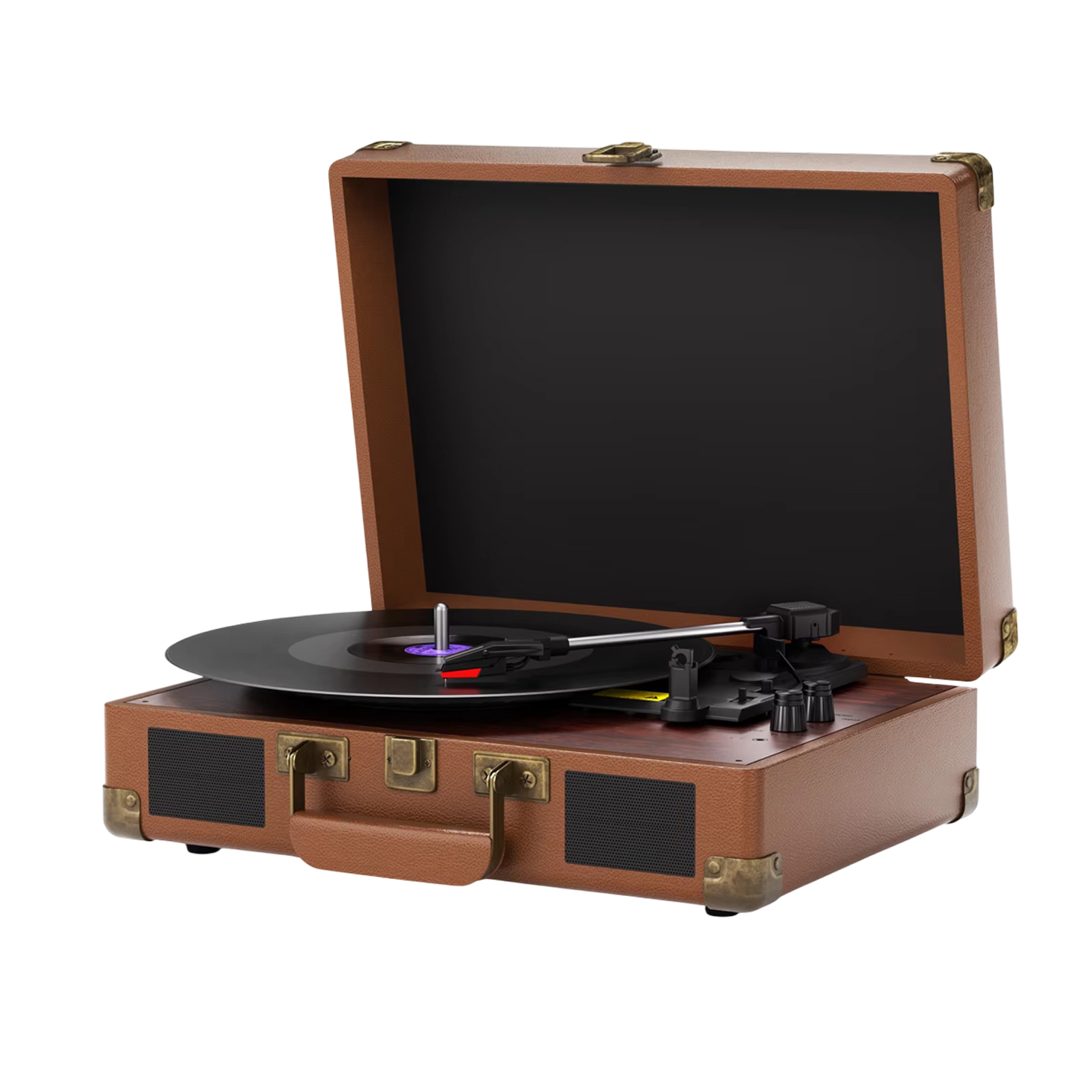Brown suitcase-style VinyyLux Record Player on a white background