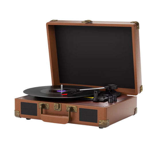 Brown suitcase-style VinyyLux Record Player on a white background