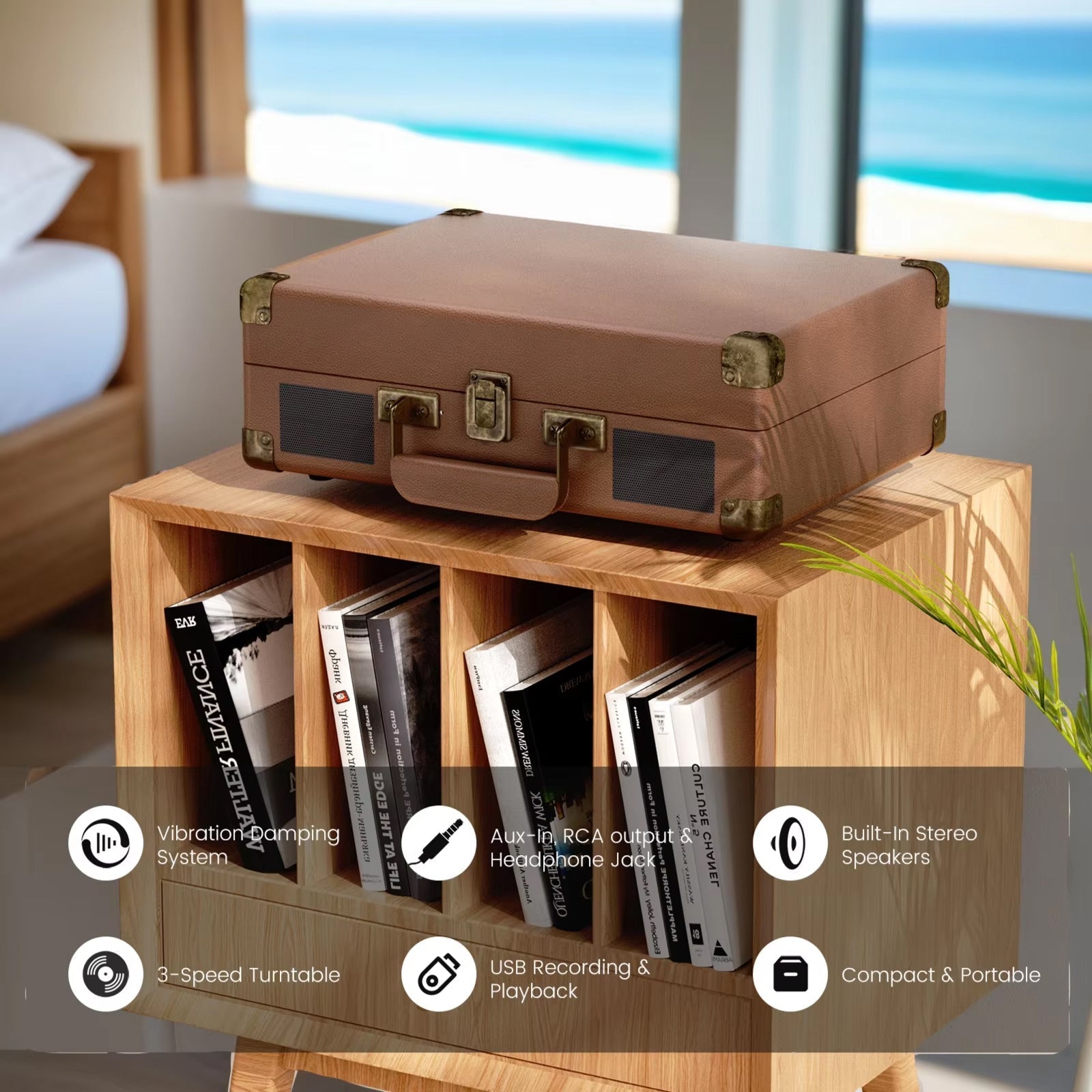 VinyyLux Record Player suitcase on a wooden table with books and a plant, set against a bedroom background.