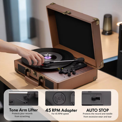 Wooden VinyyLux Record Player with a hand placing a vinyl record on it, on a blurred background.