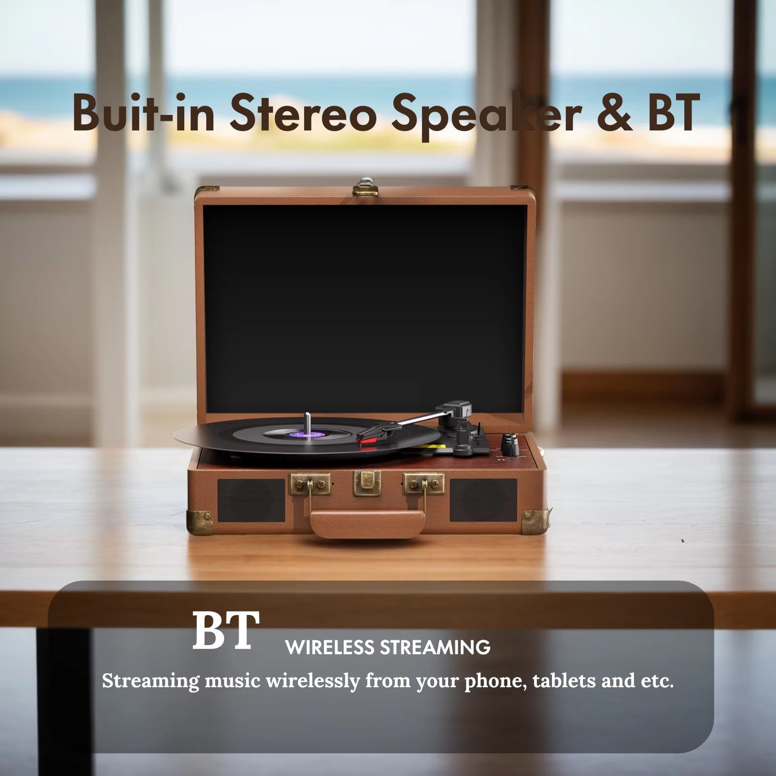 Wooden VinyyLux Record Player with built-in stereo speaker and Bluetooth streaming capabilities on a table.