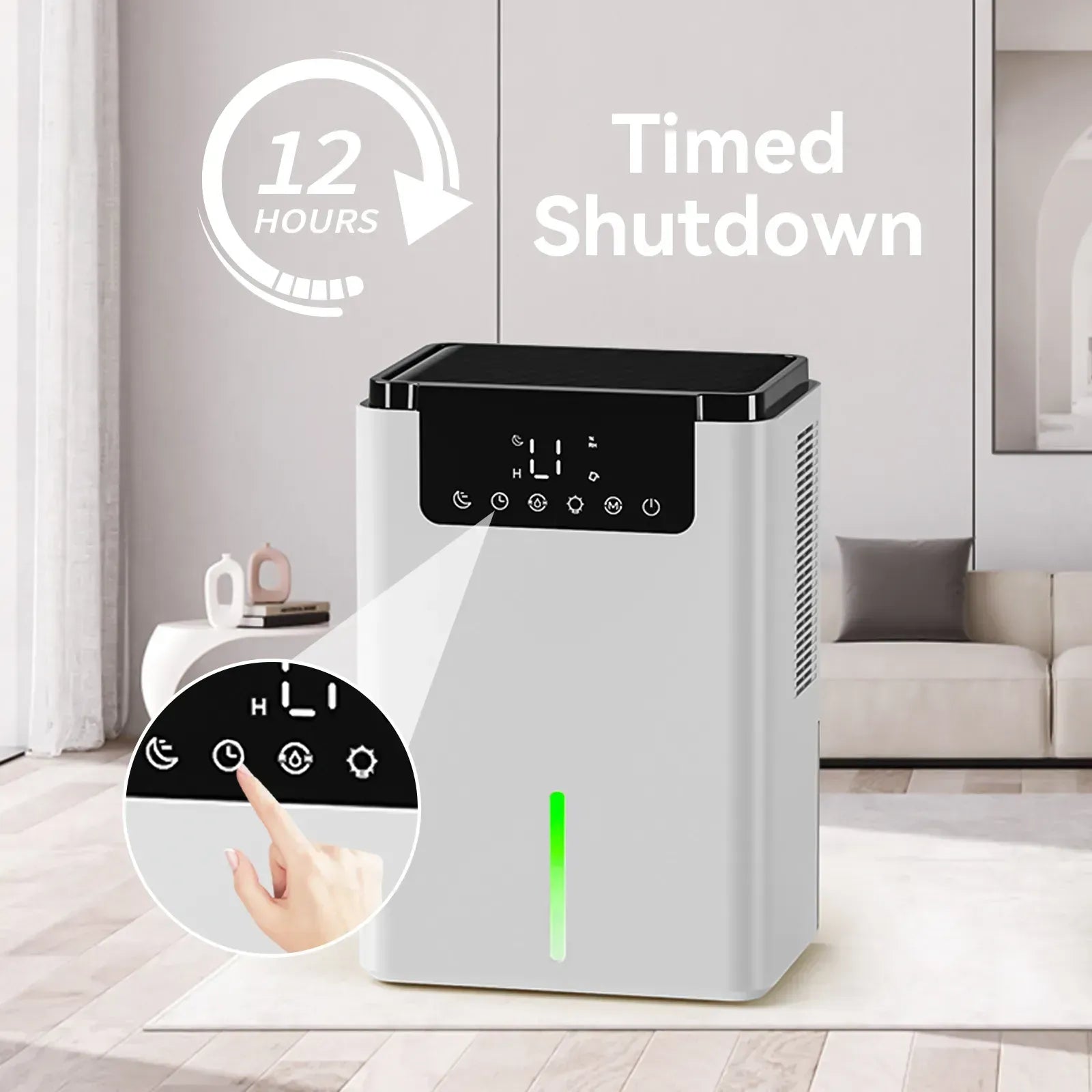 Virelta Intelligent Dehumidifier D2 with timed shutdown feature in a living room setting