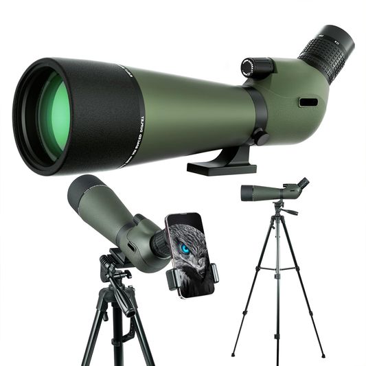 Virelta Spotting Scope with tripod and smartphone attachment on a white background