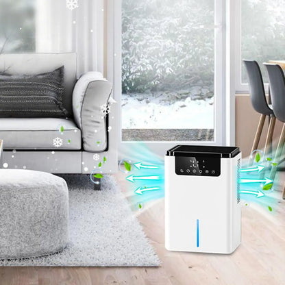 Virelta Intelligent Dehumidifier D2 in a living room with snow outside the window