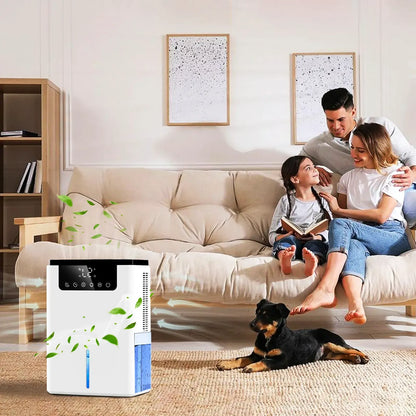 Family with children and a dog in a living room with an Virelta Intelligent Dehumidifier D2 in the foreground.