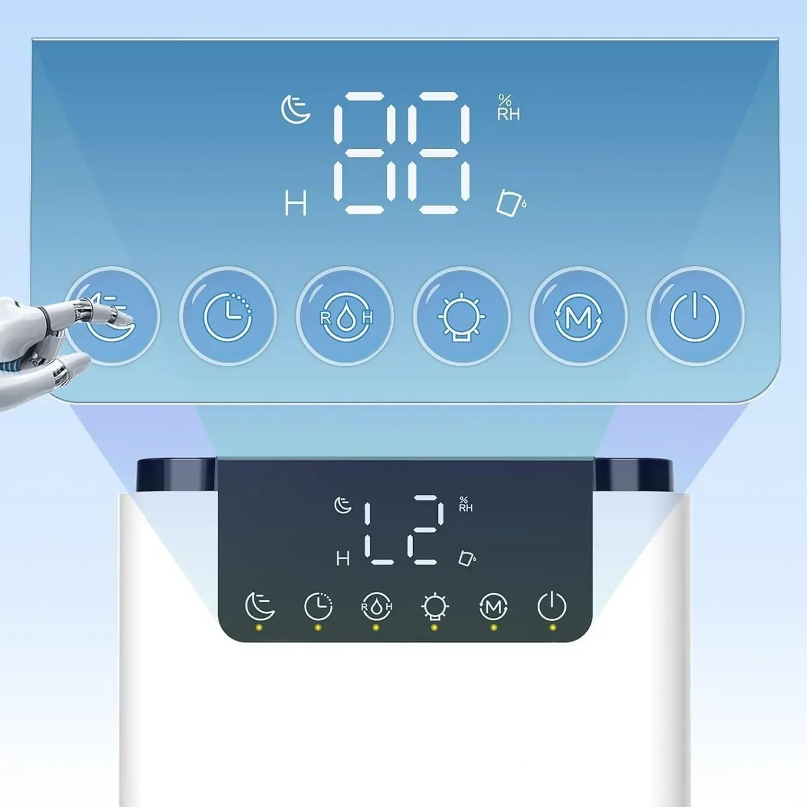 Virelta Intelligent Dehumidifier D2 display with time and temperature on a light blue background