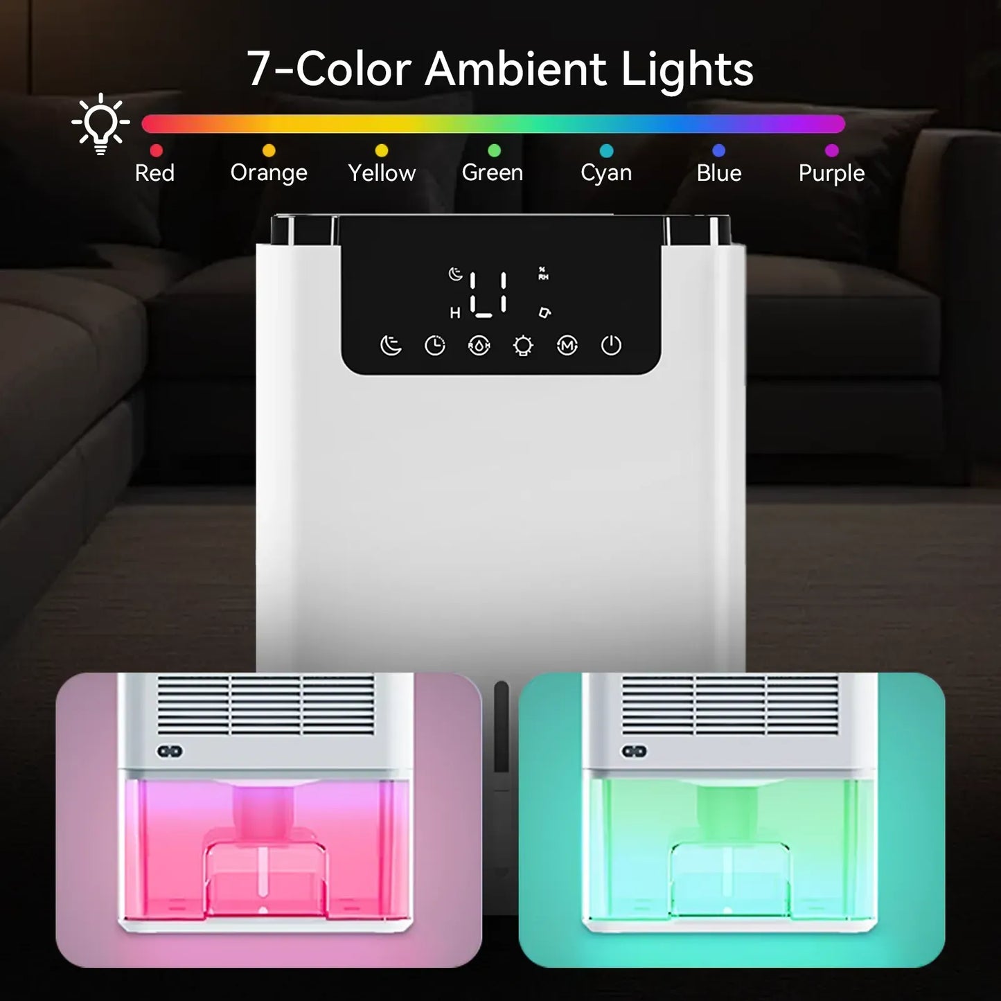 Virelta Intelligent Dehumidifier D2 with 7-color ambient light feature in a dark room setting.