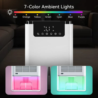 Virelta Intelligent Dehumidifier D2 with 7-color ambient light feature in a dark room setting.