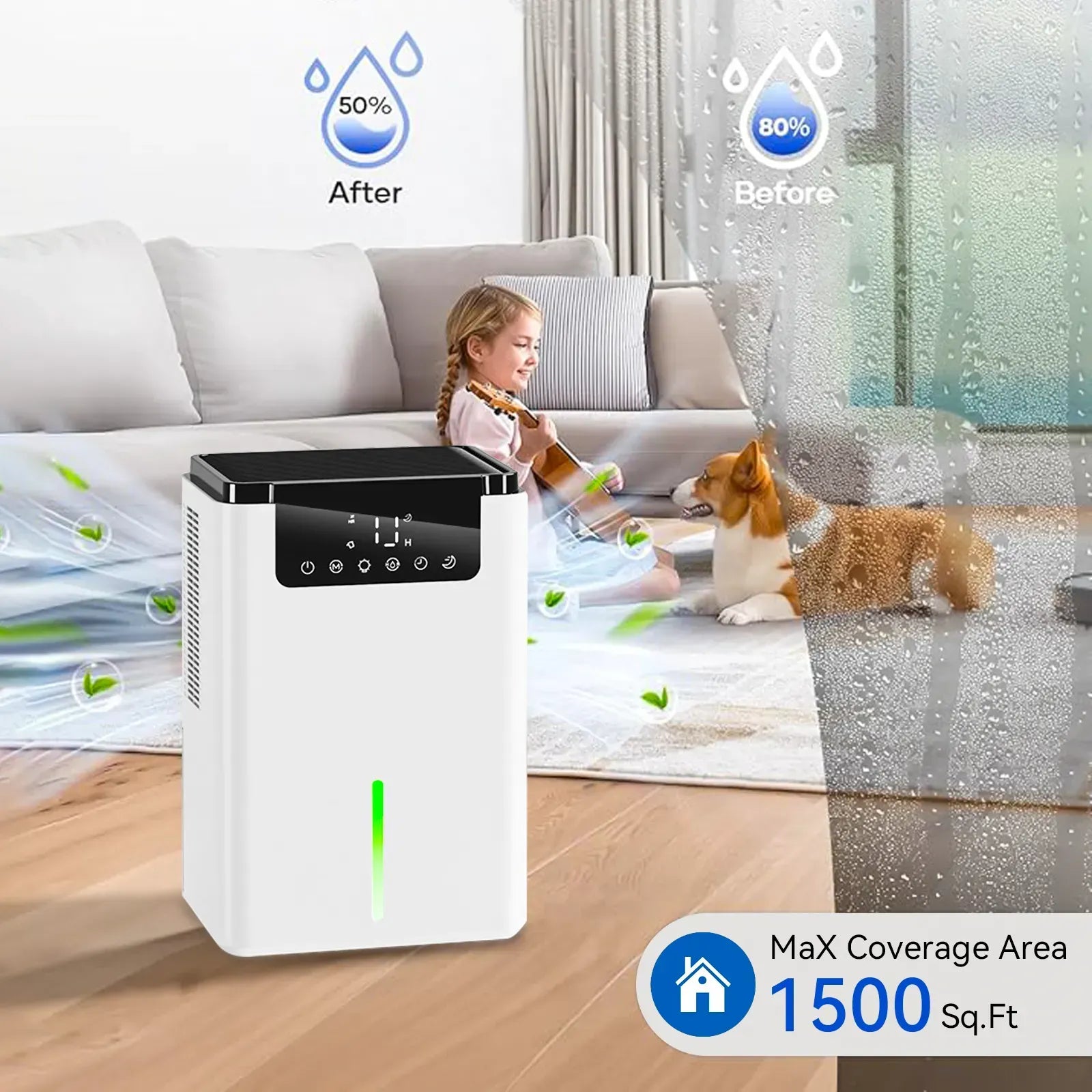 Virelta Intelligent Dehumidifier D2 in a living room with a child and dog, showing before and after moisture levels.