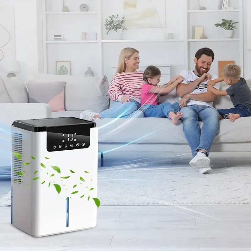 Family sitting on a couch with an Virelta Intelligent Dehumidifier D2 in the foreground