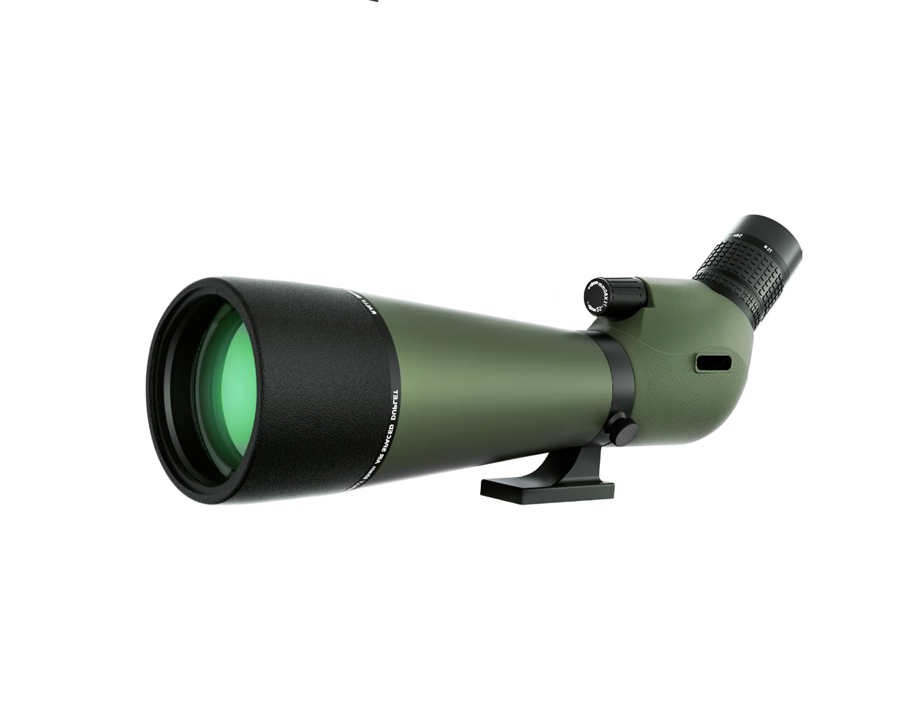 Green Virelta Spotting Scope with tripod and phone adapter on a white background
