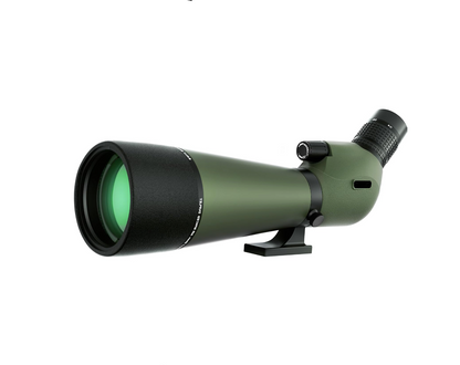Green Virelta Spotting Scope with tripod and phone adapter on a white background