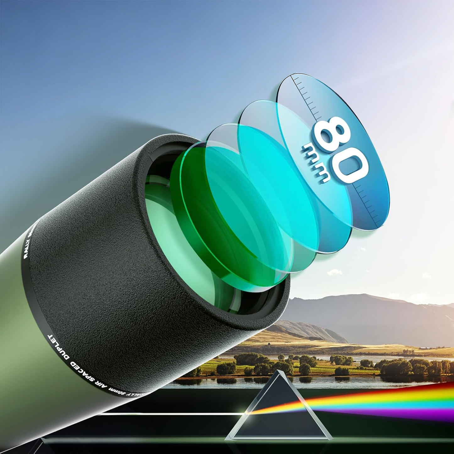 Optical Virelta Spotting Scope with colorful lenses and a scenic background