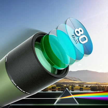Optical Virelta Spotting Scope with colorful lenses and a scenic background