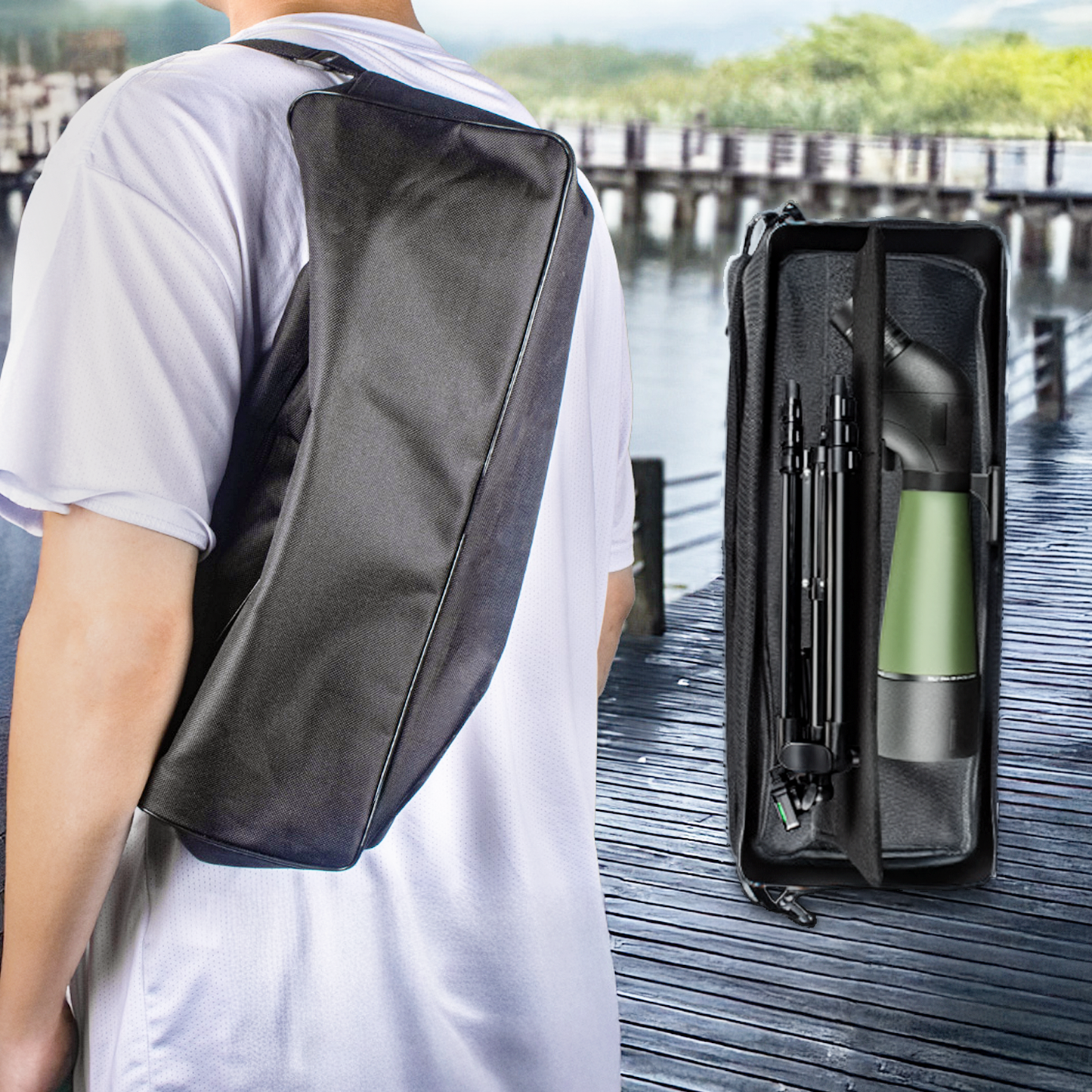Person wearing a black crossbody bag with a green Virelta Spotting Scope and black umbrella on a dock.