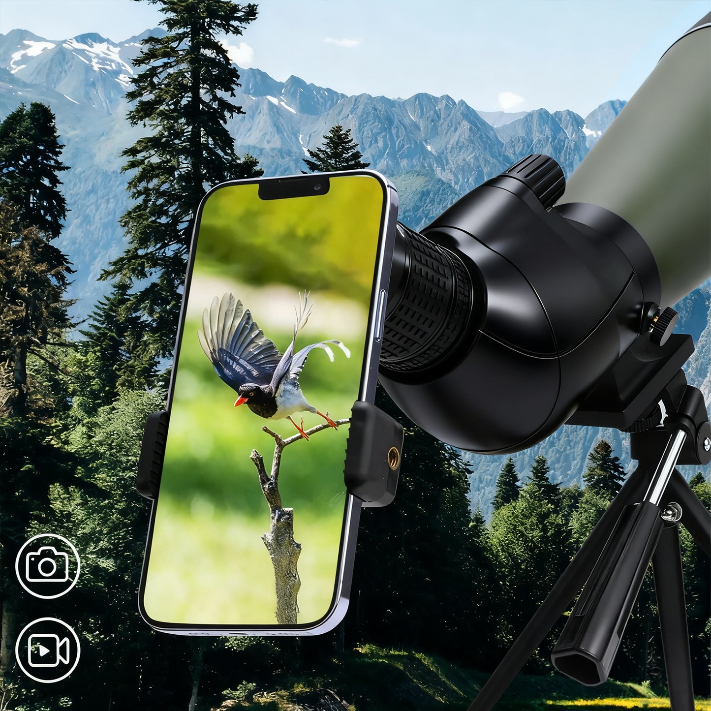 Virelta Spotting Scope with smartphone displaying a bird image against a mountainous landscape
