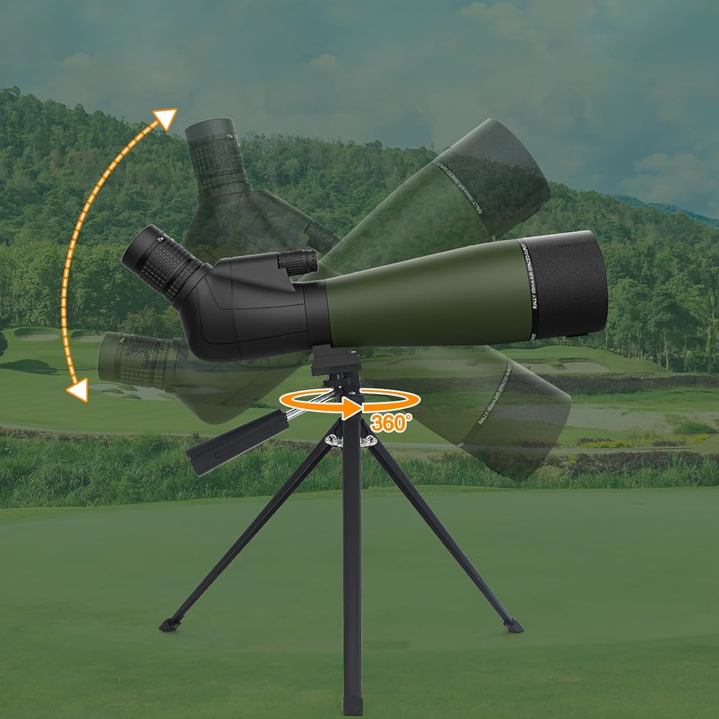 Green Virelta Spotting Scope on a tripod with a scenic background