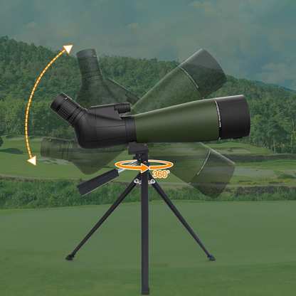 Green Virelta Spotting Scope on a tripod with a scenic background
